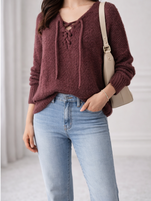 Bordový pulóver z pleteniny s viazaním v dekolte