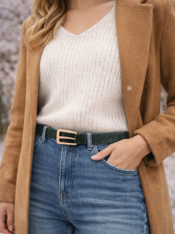 Kožený opasok z brúsenej kože v tmavozelej farbe.