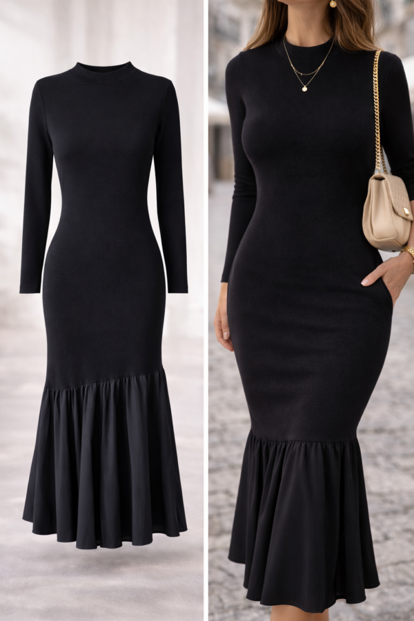 Čierne midi šaty s kombináciou úpletu a jemnej látky