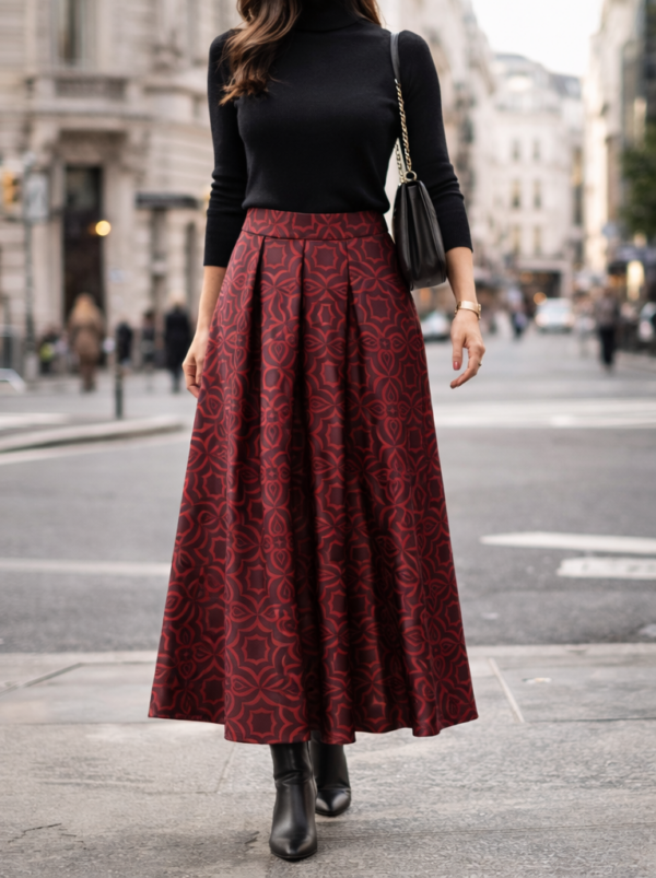 Dlhá elegantná sukňa v bordovej farbe-vzorovaná