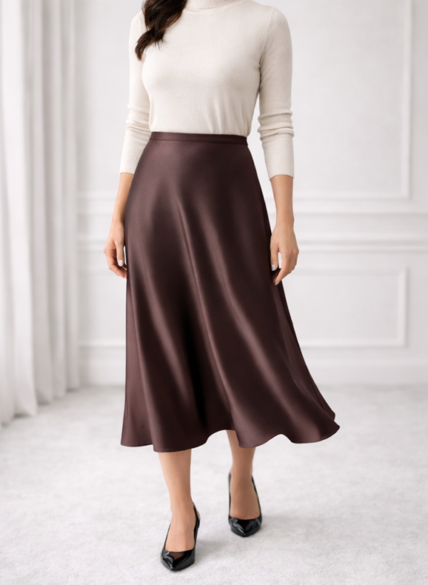 Saténová sukňa tmavo hnedá-midi "S"
