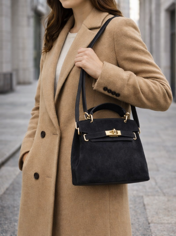 Čierna kabelka z brúsenej kože-stredná veľkosť