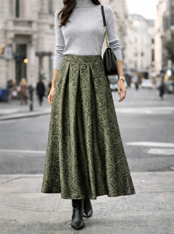 Dlhá elegantná sukňa v olivovo zelenej farbe-vzorovaná
