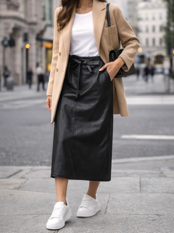 Čierna koženková midi sukňa s rozparkom a viazaním v páse "M"