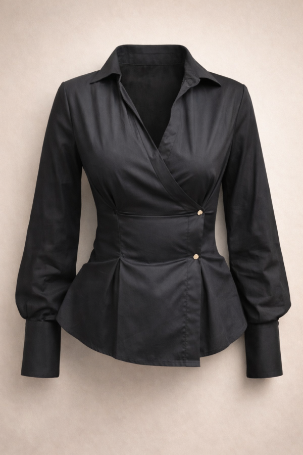 Čierna bavlnená blúza s prekladaným zapínaním "S" a "L"