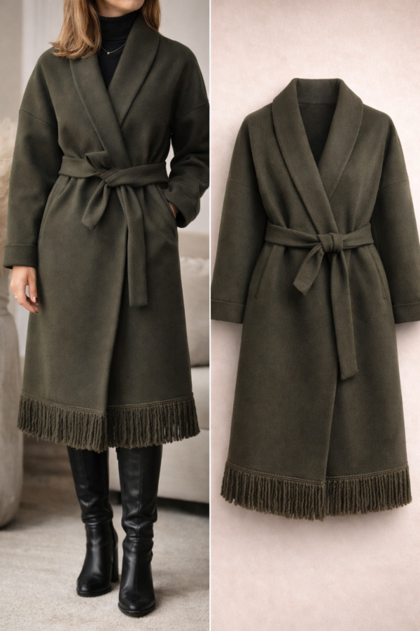 Dlhý olivovo-zelený kabát so strapcami