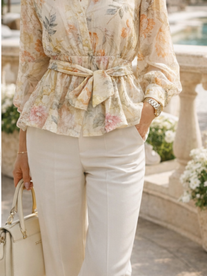 Jemná béžová blúzka s decentným kvetinovým vzorom