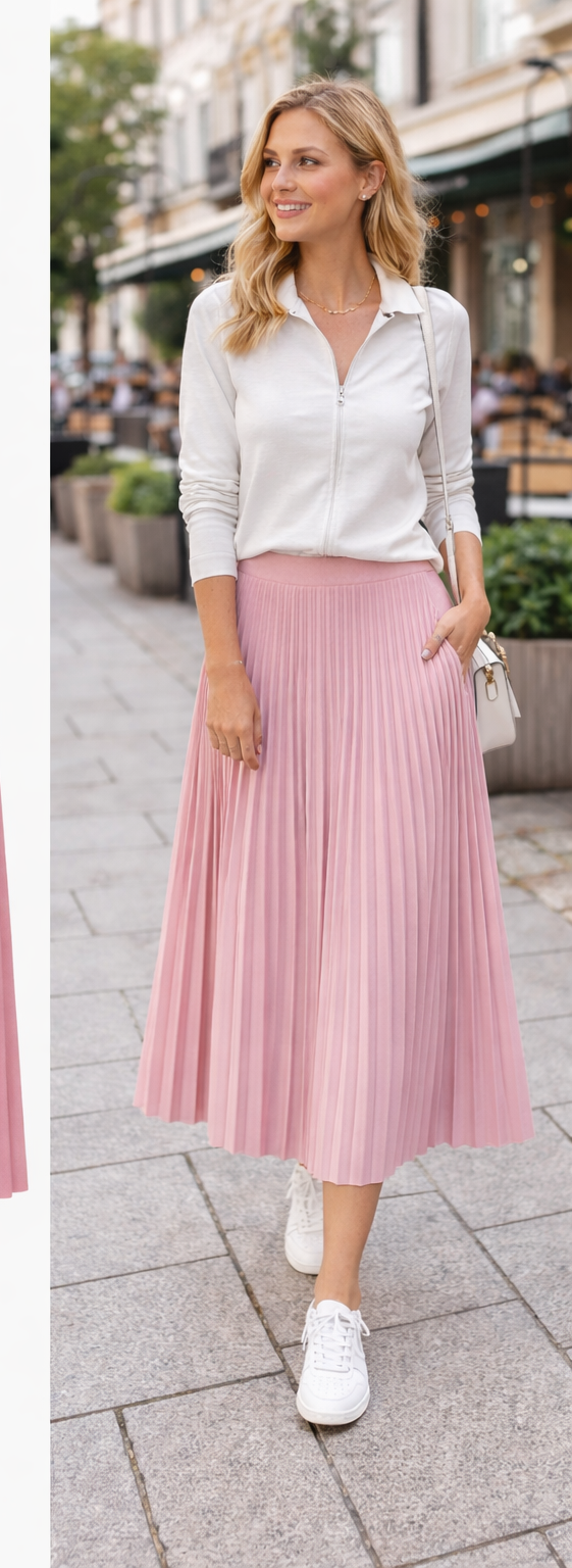 Ružová, skladaná, úpletová midi sukňa