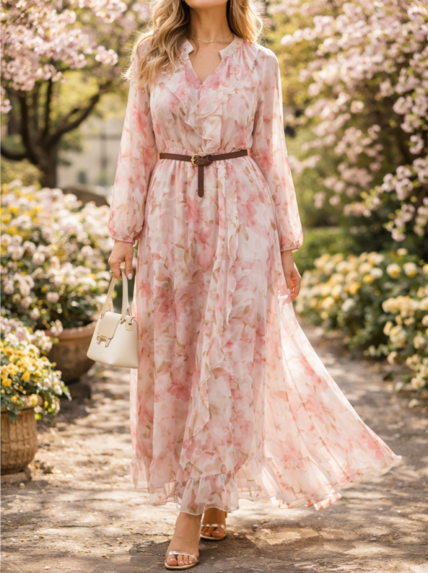 Ružové midi šaty s kvetinovým vzorom