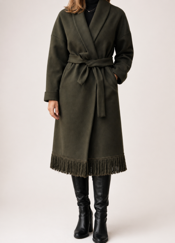 dlhý, zavinovací kabát so strapcami